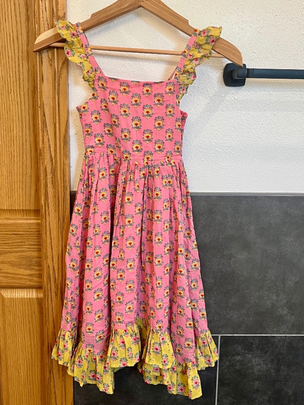 Mini Boden Handkerchief Hem Sleeveless Dress Yellow Pink Floral Print Girls 5-6Y